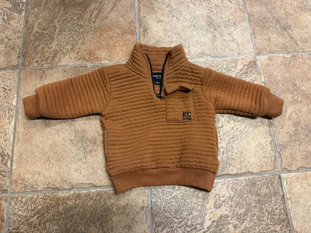 Kenneth Cole New York Baby Boys Brown Waffle Knit Quarter Zip Sweatshirt 18M